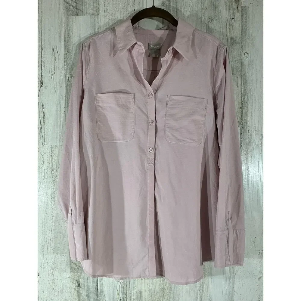 Chicos Silky Soft‎ Donny Half-Placket Shirt Size 1 or 8/10 Pink Button Front